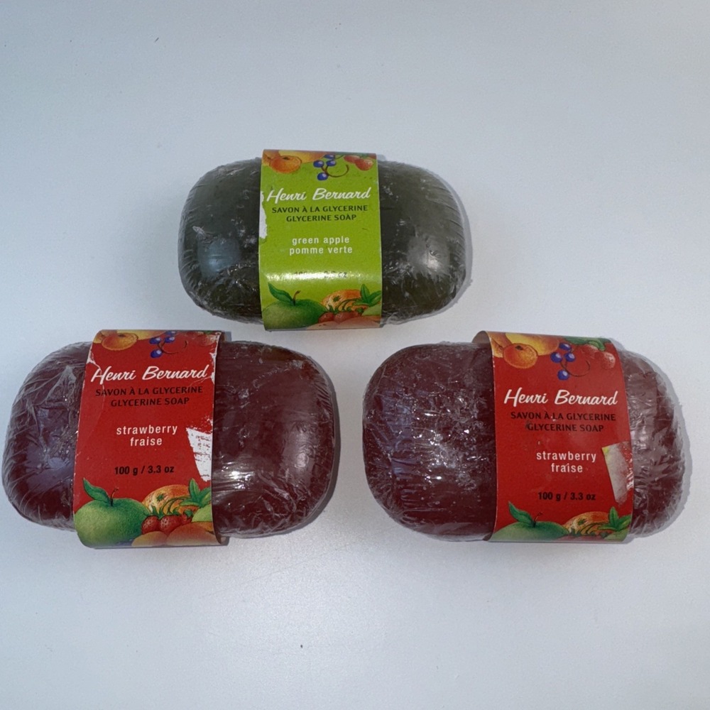 3 NEW Henri Bernard Glycerin Soap Bars Green Apple & 2 Strawberry Fraise Vintage